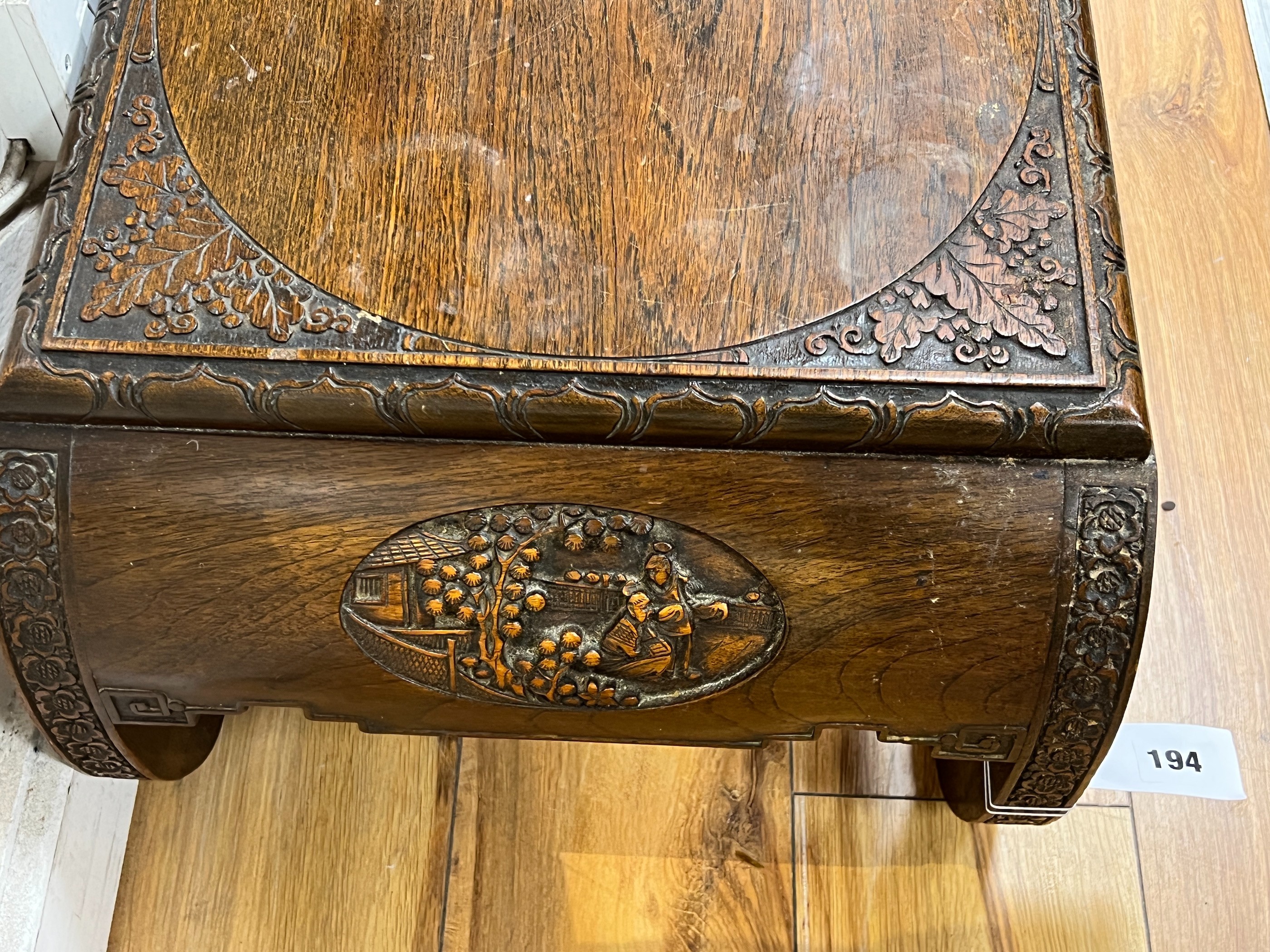 A Chinese carved hardwood low table, length 91cm, depth 41cm, height 27cm